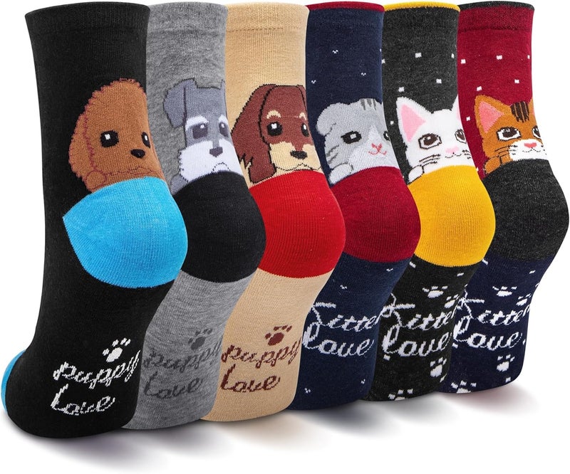 Socksfad Store 5-6 Pairs Women's Cute Cat Socks Gifts, Funny Novelty Animal Print Crew Cotton Socks Christmas Gifts for Women Girls - Image 1
